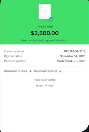 AJR invoice paid, $3,500 confirmed in DM