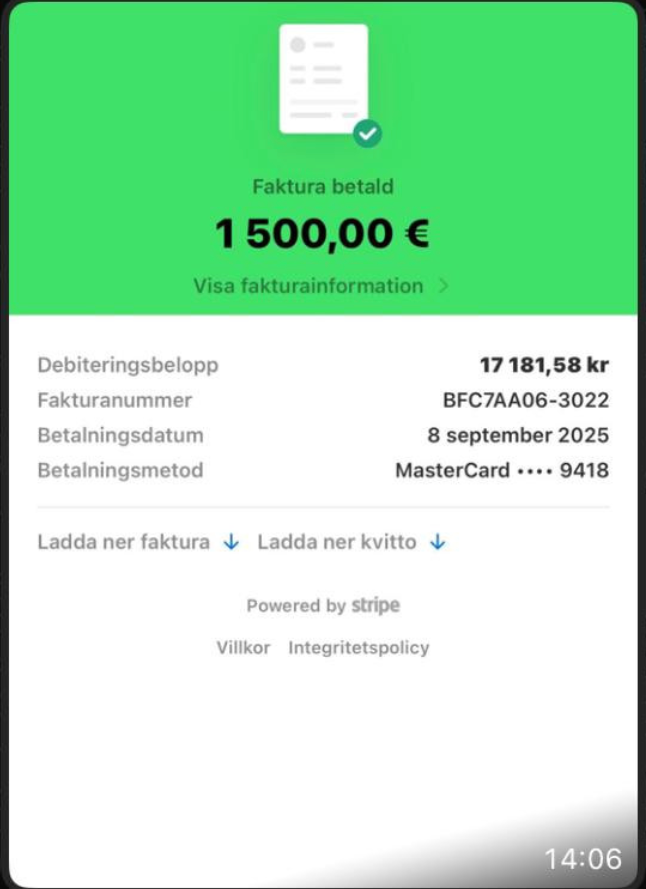 Client invoice paid, €1,500 confirmed in DM